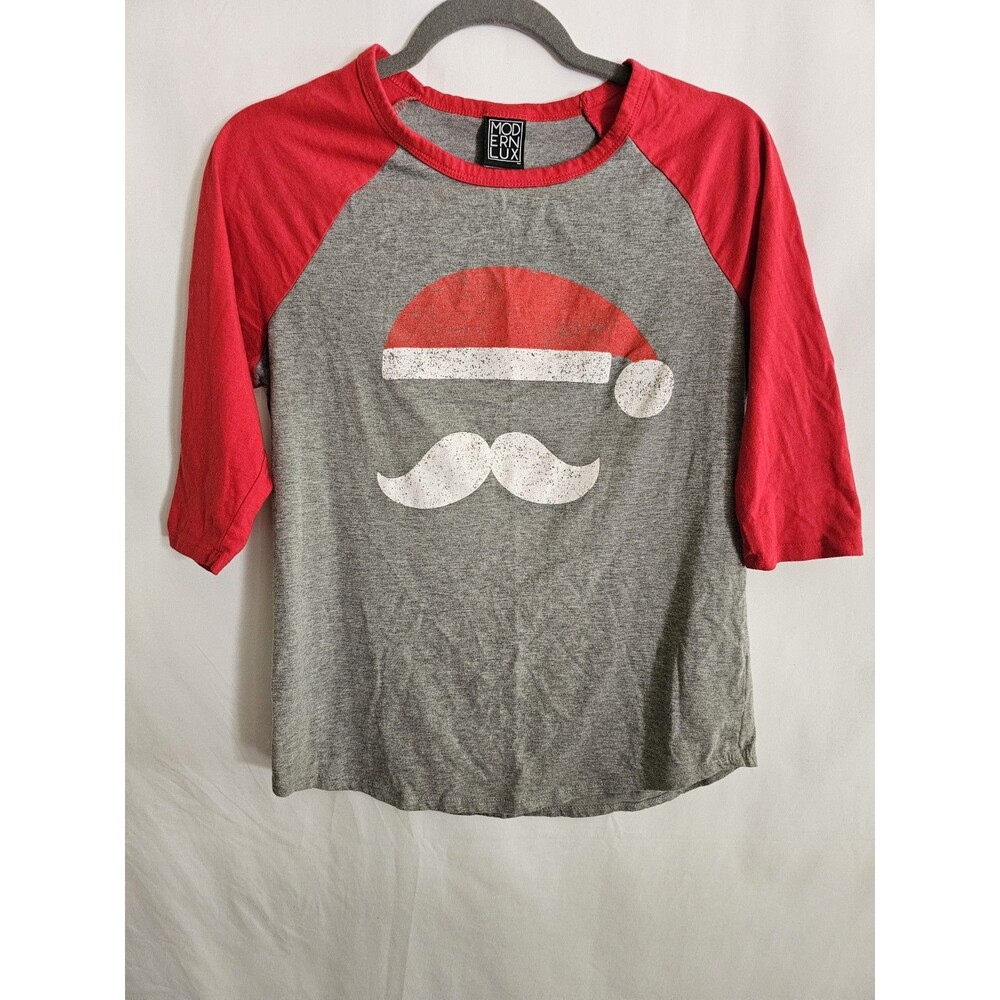 Modern Lux Women’s Santa Hat Mustache Graphic Baseball Tee Size Large Gray/Red